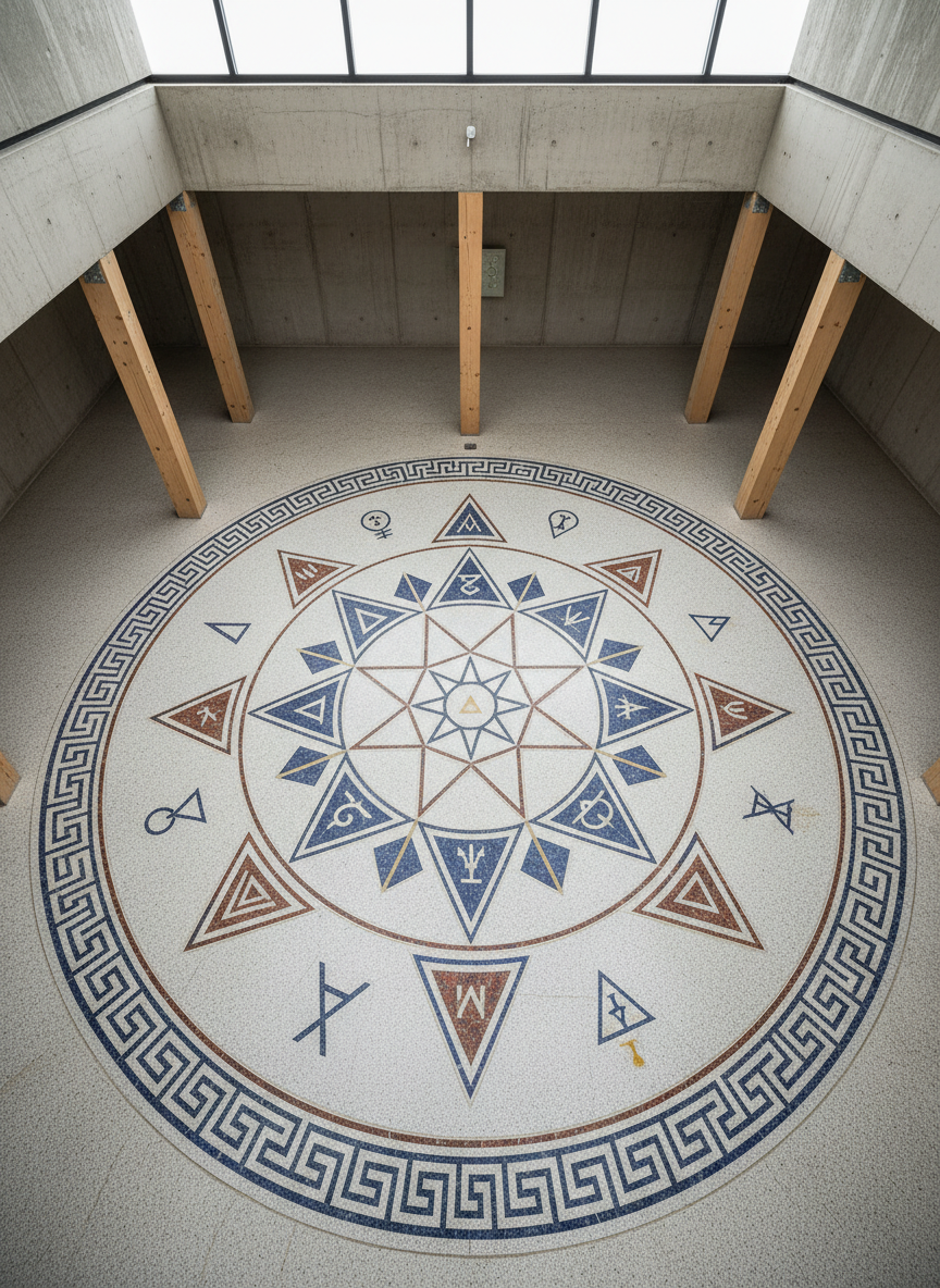 A circular stone floor mosaic representing a radiant tattwa-like mandala, with interlocking triangles, circles, and elemental symbols carved into smooth granite and inlaid with lapis blue, deep crimson, and muted gold. The mandala sits at the center of a minimalist, dimly lit meditation hall with bare walls and simple architectural lines. Overhead, diffused skylight creates a soft, even illumination that gently emphasizes the textures in the stone and pigments, casting very subtle shadows along the engravings. Photographic realism, top-down composition from a high angle to fully reveal the pattern, evoking a mood of balance, timelessness, and impersonal mystery, ideal for representing esoteric self-knowledge and inner order.