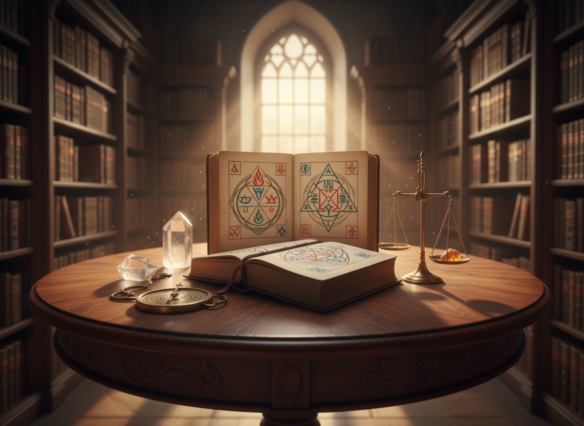 A finely detailed, ancient-looking esoteric library table made of dark polished wood, its surface arranged with an open leather-bound grimoire showing intricate geometric diagrams of the four elements, beside a brass compass, crystal prism, and a small balance scale. Around the table rise tall bookcases filled with worn, gilded-spine volumes on philosophy and occult science. Soft golden hour sunlight filters through a high arched window, casting gentle shafts of light and subtle shadows across the symbols. Photographic realism, shot at eye level with a shallow depth of field that keeps the table in sharp focus while the shelves blur softly, creating a serene, contemplative atmosphere of harmony, wisdom, and inner awakening.