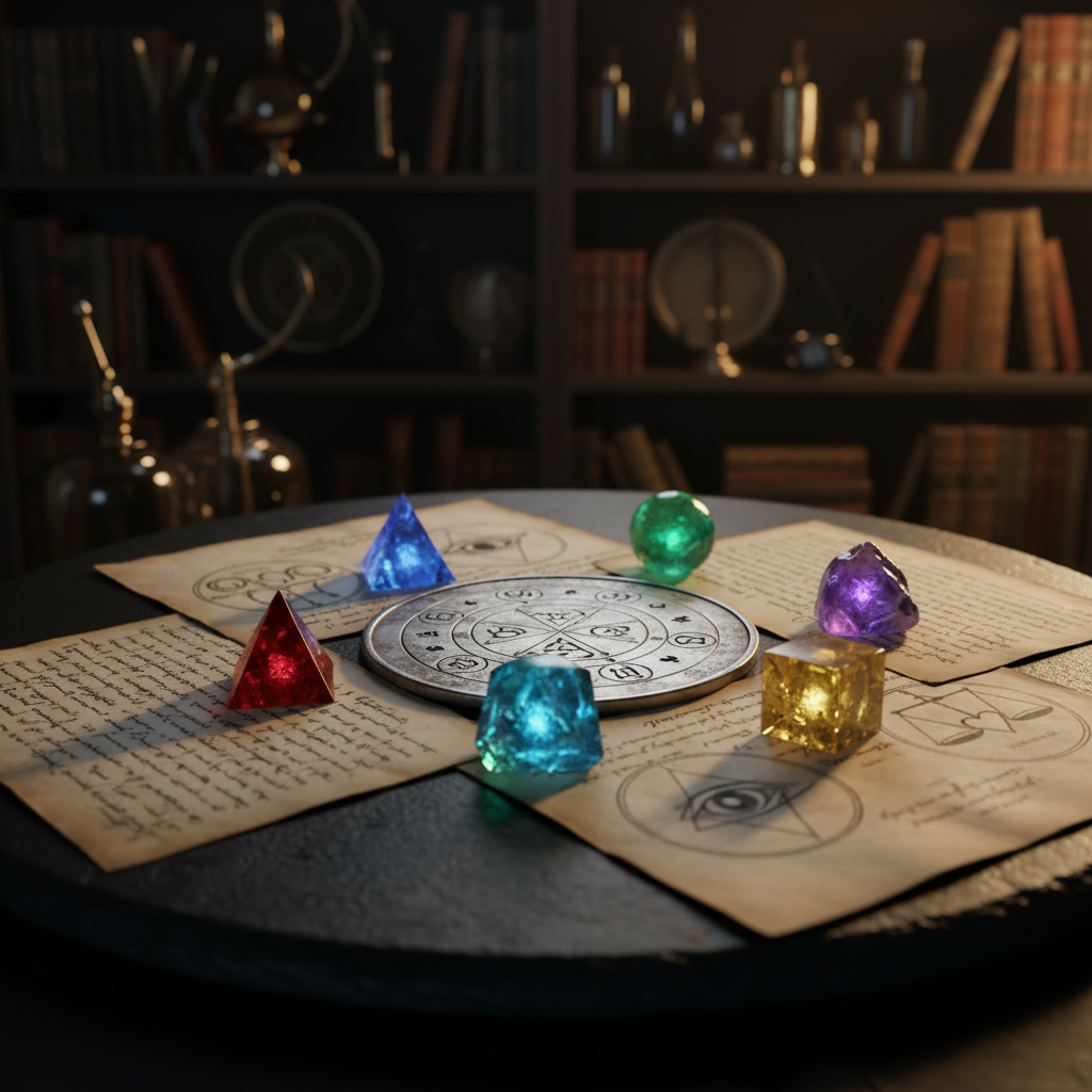 A carefully arranged altar of esoteric study on a matte black stone slab, featuring five luminous crystals of different geometric shapes and colors aligned with a central, intricately etched metal tattwa disc. Around them lie neatly placed parchment sheets covered in precise calligraphic formulas and symbolic diagrams of harmony, love, truth, and justice. The background fades into dark, unfocused shelves with subtle metallic and glass objects. A single unseen side lamp casts focused, warm light, creating dramatic highlights on the metal and crystals and deep, contemplative shadows. Photographic realism, low-angle close-up with a shallow depth of field, producing an intimate, sophisticated atmosphere of disciplined inner work and latent forces awakening.