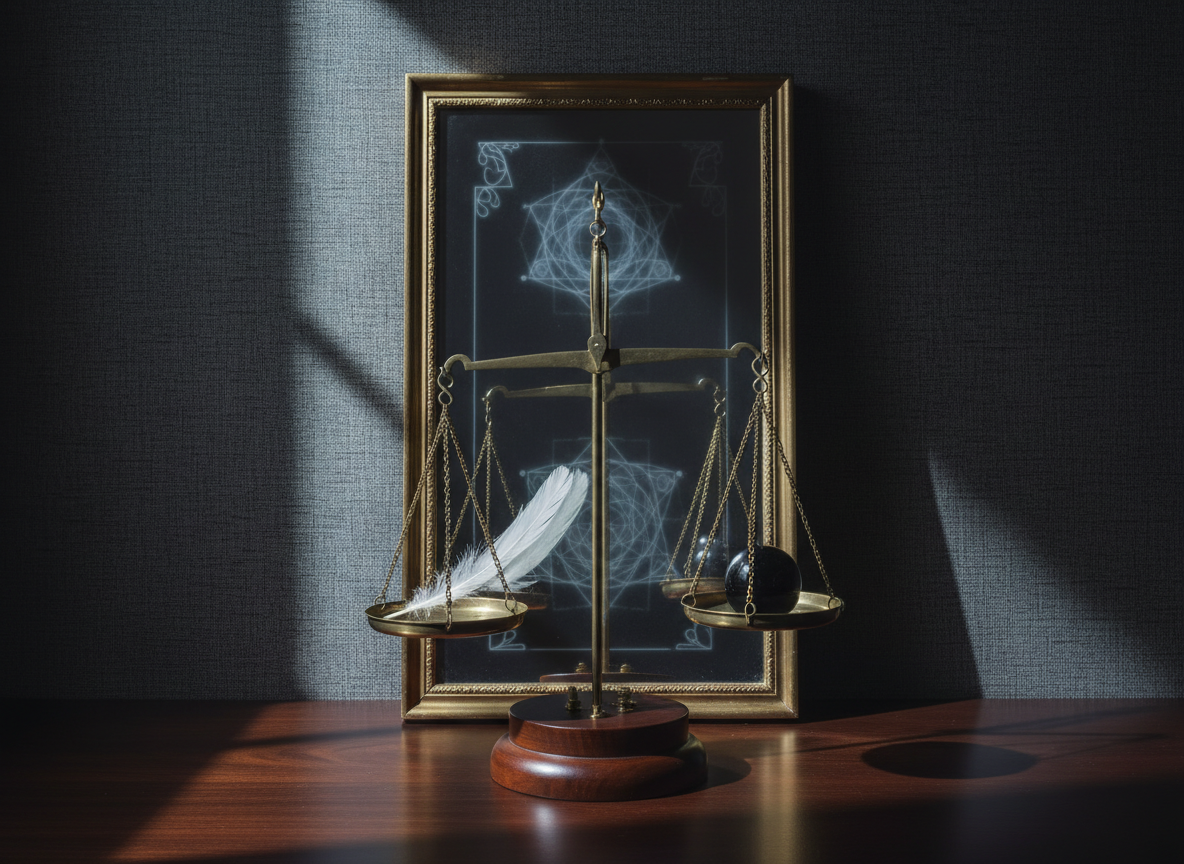 A sophisticated, symbolic still life featuring an antique brass balance scale delicately poised with a translucent feather in one pan and a small, polished obsidian sphere in the other, resting on a deep mahogany pedestal. Behind it stands a tall, narrow mirror with faint, misty reflections of geometric light patterns, suggesting invisible inner dimensions. The scene is set in a dim, elegant study with textured dark walls. A narrow beam of cool, diffused light enters from an unseen side window, catching the edges of the scale and mirror, creating refined highlights and soft, elongated shadows. Photographic realism, composed using the rule of thirds at eye level, evoking a mood of introspective justice, equilibrium, and subtle spiritual refinement.